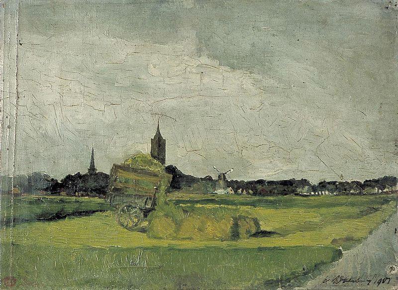 Landschap met hooikar, kerktorens en molen., Theo van Doesburg